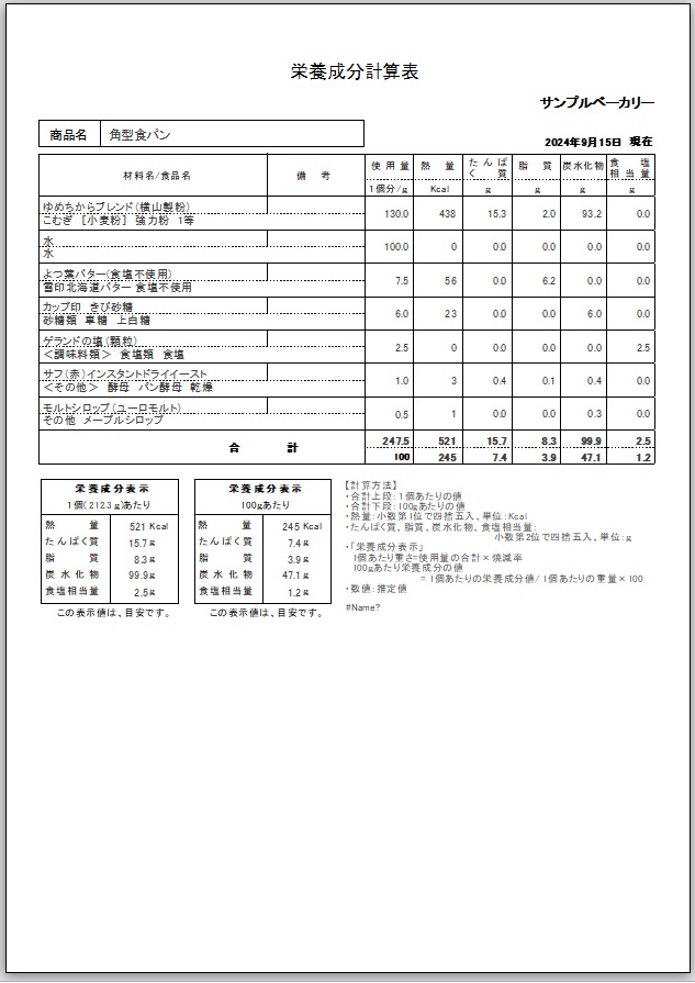 栄養成分一覧表