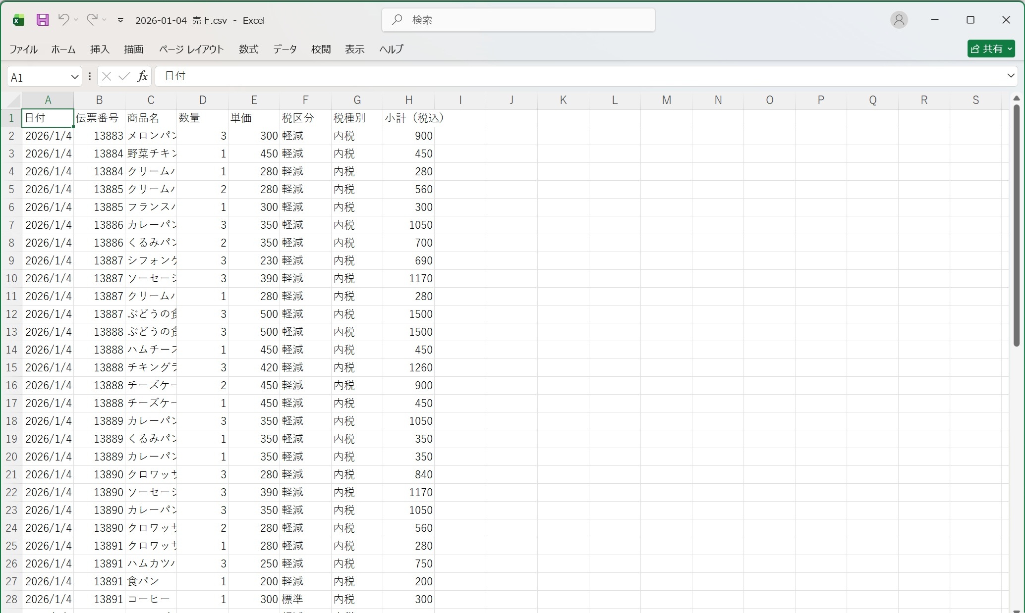 CSVファイルをEXCELで表示したのイメージ